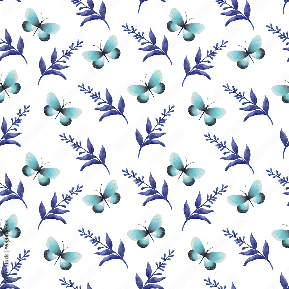Blue watercolor butterflies and leaf sprigs. Seamless pattern isolated on white background. Design for packaging paper, textiles, clothes, covers. Blue watercolor butterflies and leaf sprigs. Seamless pattern isolated on white background. Design for packaging paper, textiles, clothes, covers.