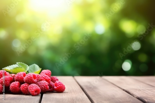 Wooden table with raspberries and free space on nature background
