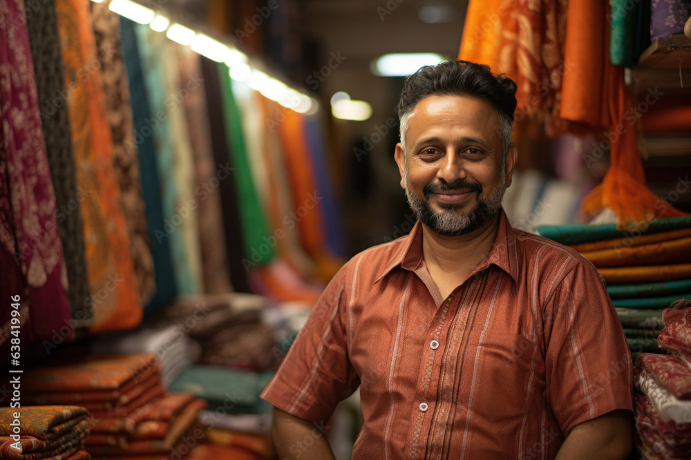 Indian cloth market - Happy cloth merchant or shopkeeper sitting at counter looking at camera