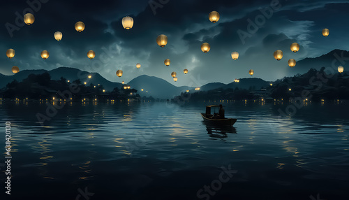 Lots of beautiful lanterns in the night sky during Diwali in India photo