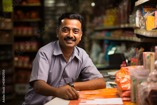 Portrait of Indian male small Kirana or grocery shop owner sitting at cash counter, looking happily at camera