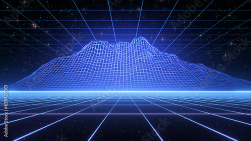 80s Retro Futuristic Background wireframe grid and Mountain