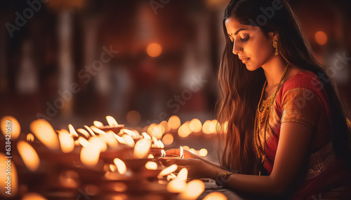 Beautiful Indian girl near candle during Diwali in India.