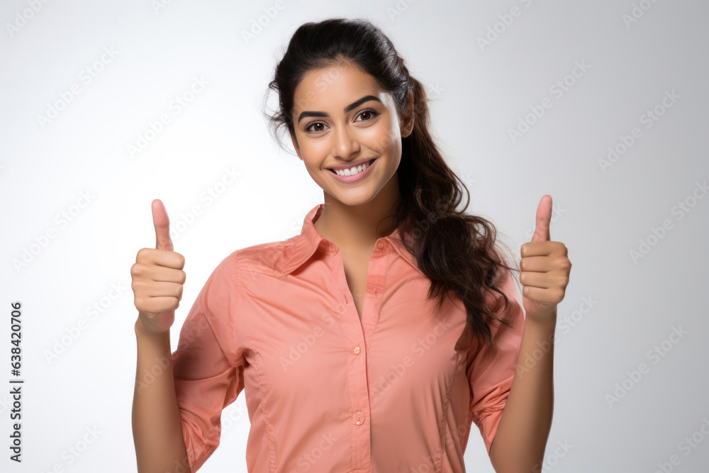 Indian pretty young woman showing Ok sign with thumbs up for approval Indian pretty young woman showing Ok sign with thumbs up for approval