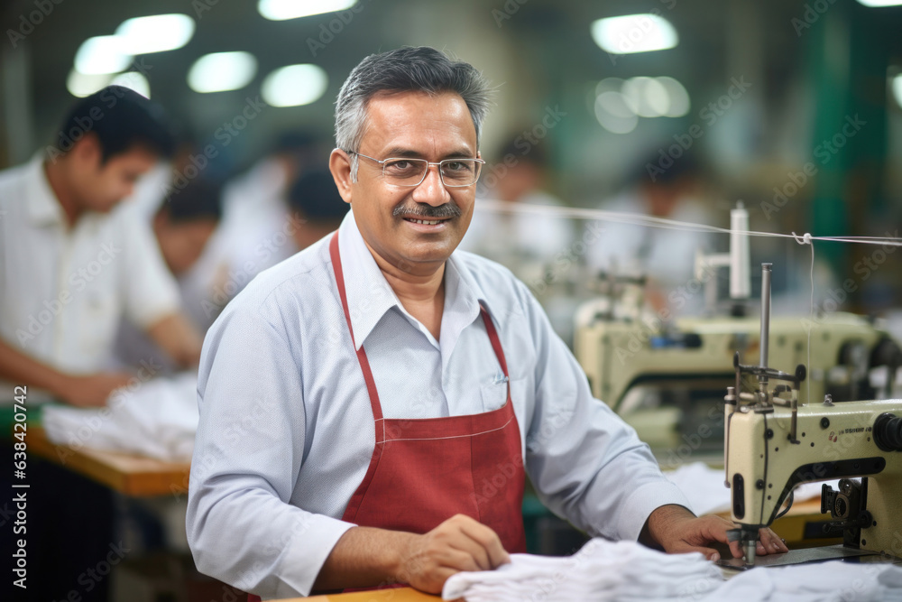Indian happy male garment factory tailor looking at camera while working - obrazy, fototapety, plakaty 