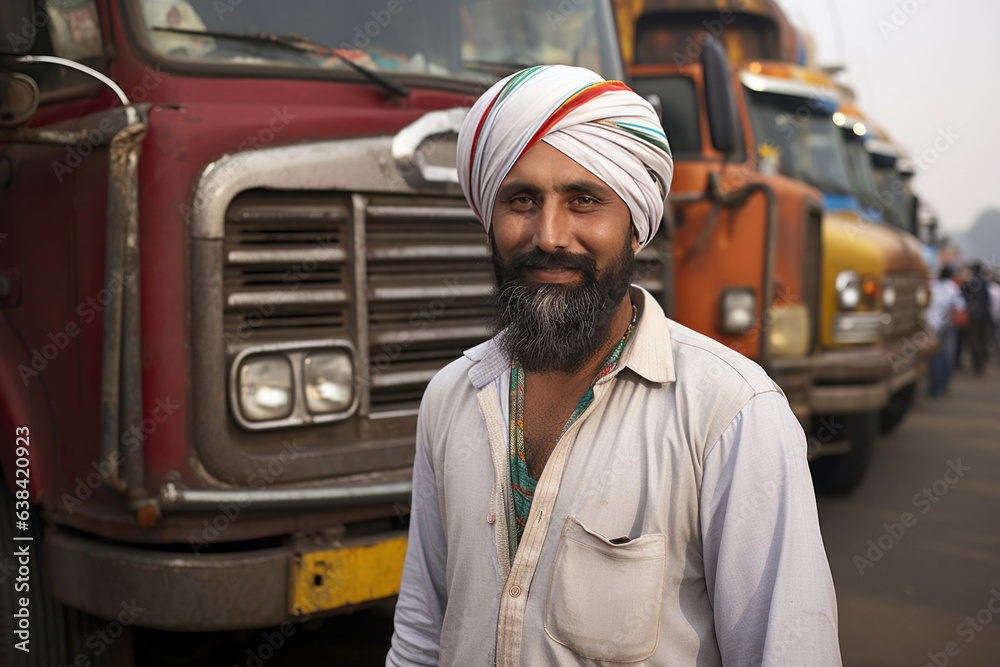 Indian happy hardworking truck driver standing in front of his truck