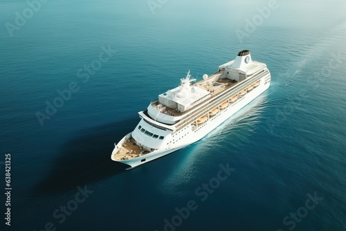 A white cruise ship is anchored in a tropical bay. Big cruise liner in the ocean - aerial view. © Stavros
