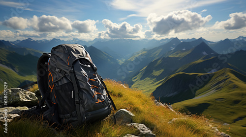 A backpack sits on a hill overlooking a mountainous landscape with the sky in the background.