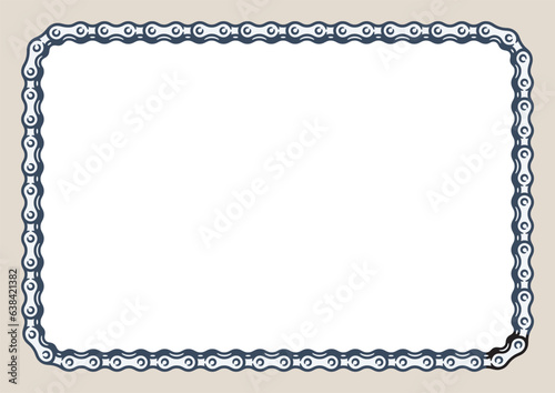 Vector hand drawn bicycle chain forming the border of an A4 frame with rounded corners. Isolated on white background.