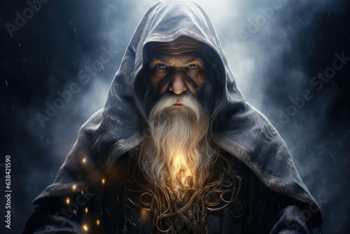 Wizard with hood, fantasy and imagination concept. Generative AI photo