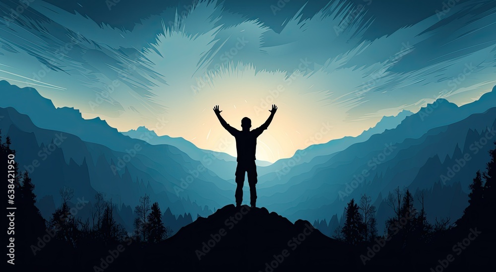 Man on the top of the mountain with his hands to the sky, excited for adventure and gratitude. Generative AI