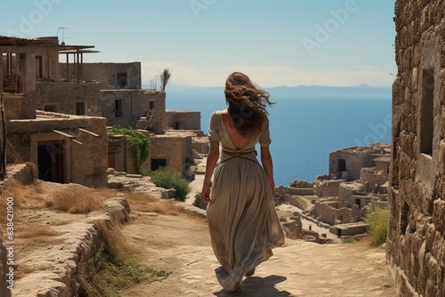 Full-body rear view of a Mediterranean woman in a light linen dress strolling along an ancient coastal village with azure sea views, muted colors
