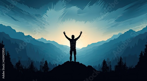 Man on the top of the mountain with his hands to the sky  excited for adventure and gratitude. Generative AI