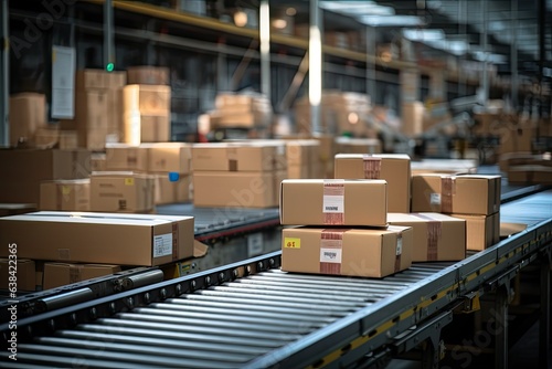 Cardboard box with orders on a conveyor belt in a logistics warehouse. Generative AI © Deivison