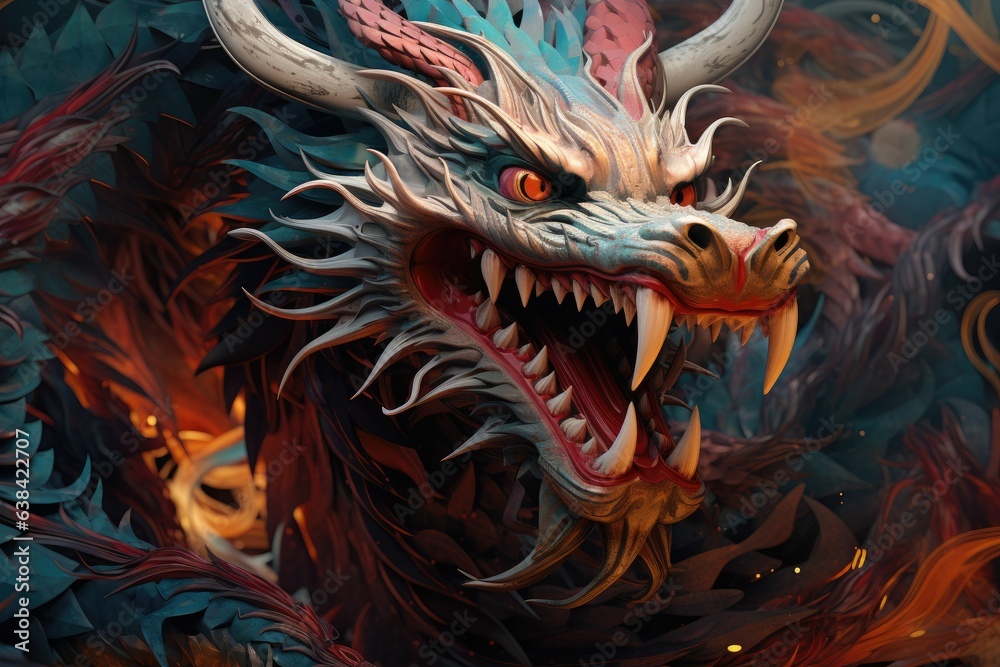Mystical dragon illustration with colorful details, fantasy concept. Generative AI