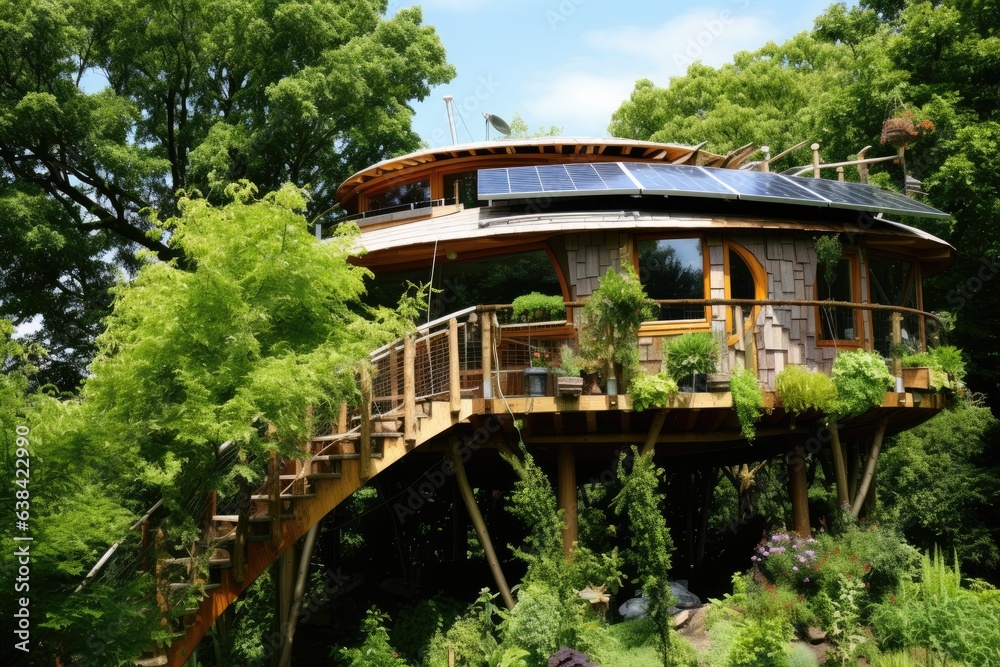Modern wooden house among the trees, architecture and environment concept. Generative AI Modern wooden house among the trees, architecture and environment concept. Generative AI