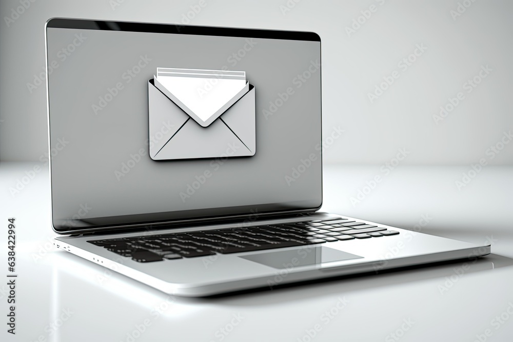 Letter and email icon on laptop screen on white background, technology and connectivity concept. Generative AI Letter and email icon on laptop screen on white background, technology and connectivity concept. Generative AI