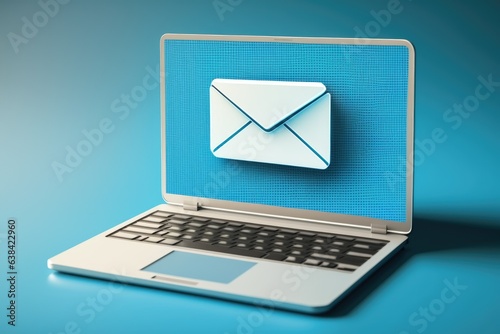 Letter and email icon on laptop screen on blue background, technology and connectivity concept. Generative AI