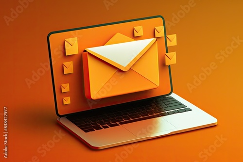 Letter and email icon on laptop screen on orange background, technology and connectivity concept. Generative AI