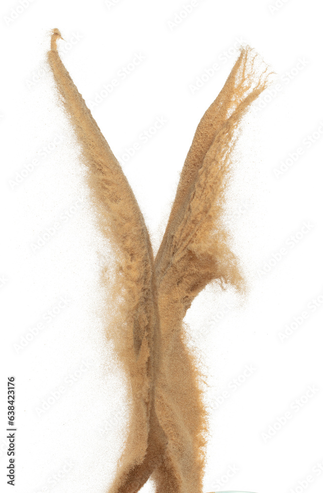 Fototapeta premium Sand flying explosion, Golden grain wave explode. Abstract cloud fly. Yellow colored sand splash throwing in Air. White background Isolated high speed shutter, throwing freeze stop motion