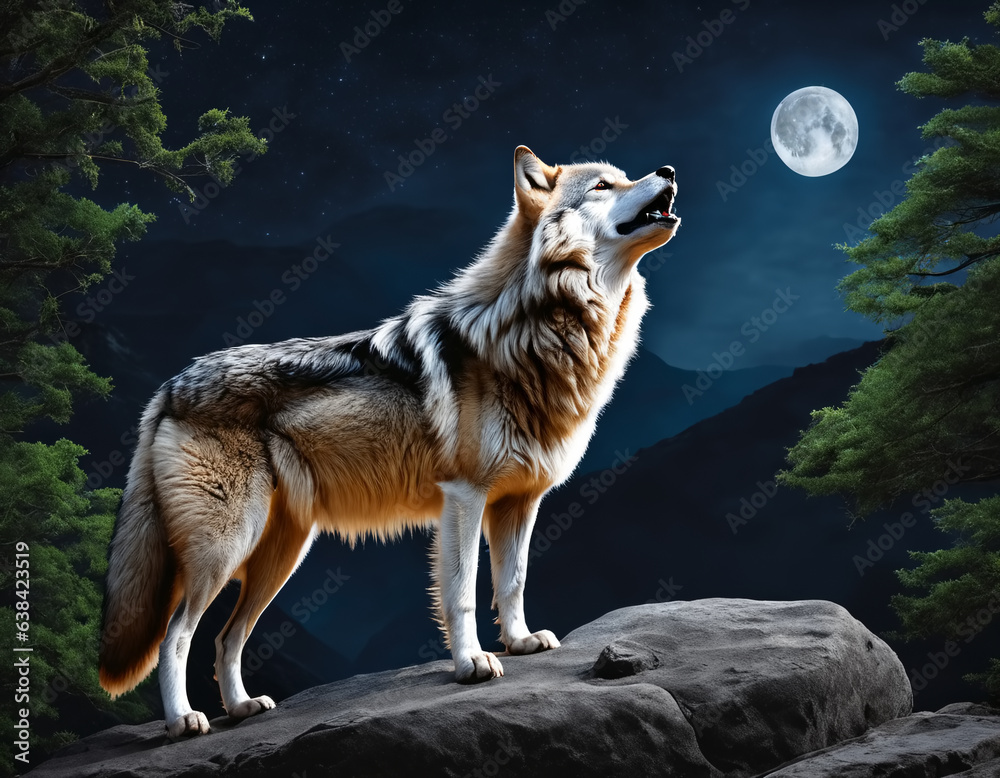 Wolf howling on full moon and stars. Generative AI Wolf howling on full moon and stars. Generative AI