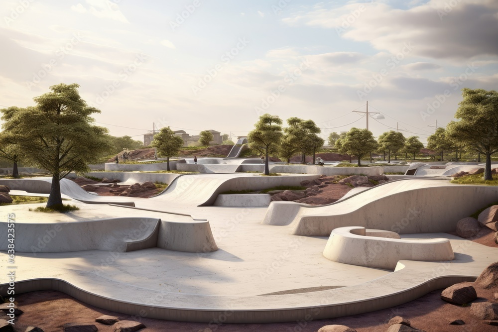 Landscape with park and skate park, trees and nature. Generative AI
