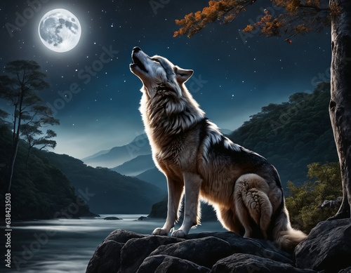 Wolf howling on full moon a...