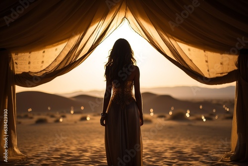 Full-body rear view of a woman, her silhouette contrasting against the golden desert sands, as she pulls back the curtains of her luxurious desert camp tent, behind scene © Kristian