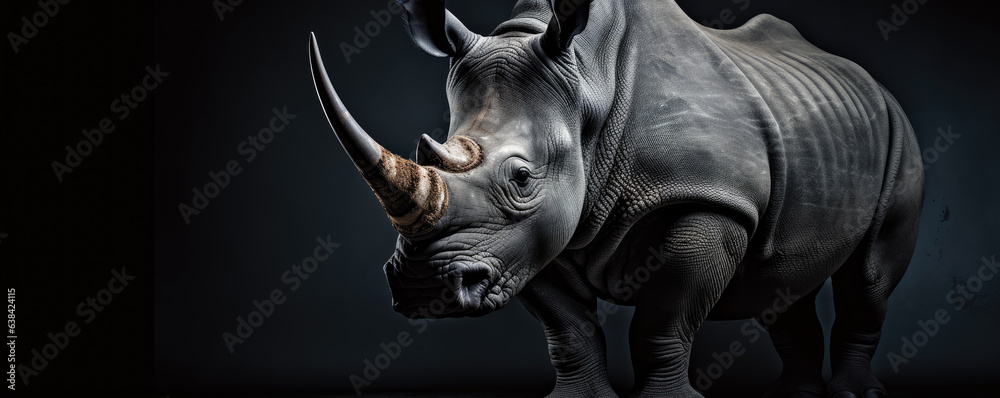 rhino on black background. wide banner rhino on black background. wide banner