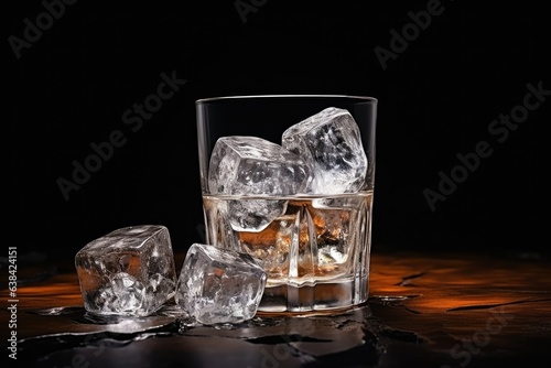 Digital illustration of glass cup with ice cubes inside, dark background. Generative AI