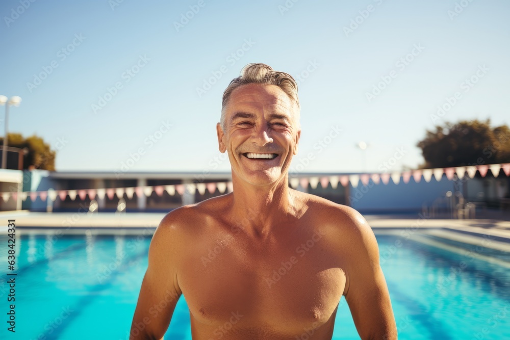 Portrait of smiling man standing at swimming pool on a sunny day