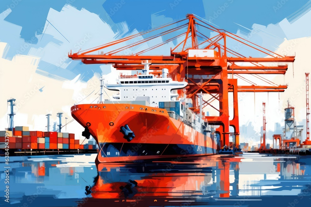 Cargo ship being loaded in port, concept of deliveries and transshipment. Generative AI Cargo ship being loaded in port, concept of deliveries and transshipment. Generative AI