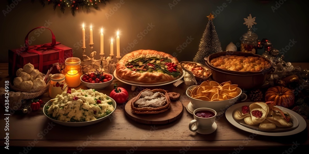 Thanksgiving or Christmas celebration buffet in a rustic table