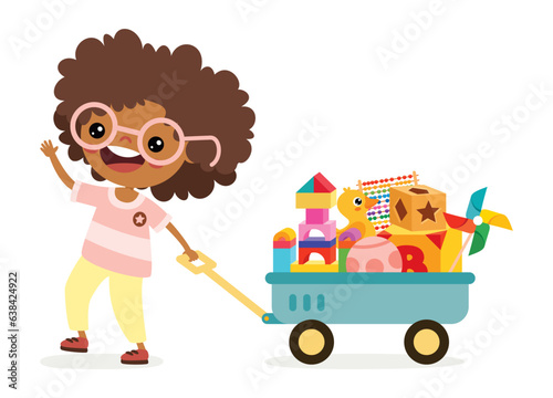 Cartoon Kid Pulling Wagon Toys