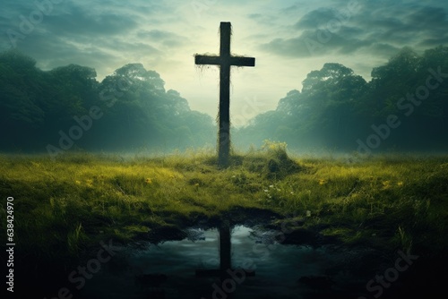 Landscape with wooden cross, Christianity and spirituality concept. Generative AI