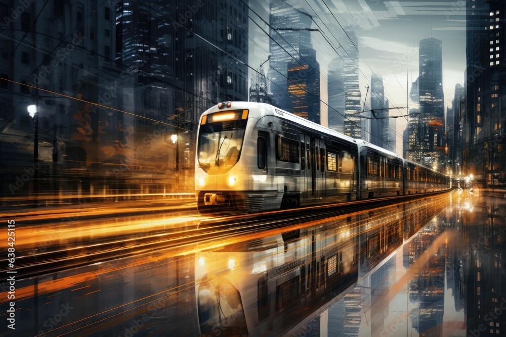Digital illustration of moving train, concept of technology and urban mobility. Generative AI Digital illustration of moving train, concept of technology and urban mobility. Generative AI