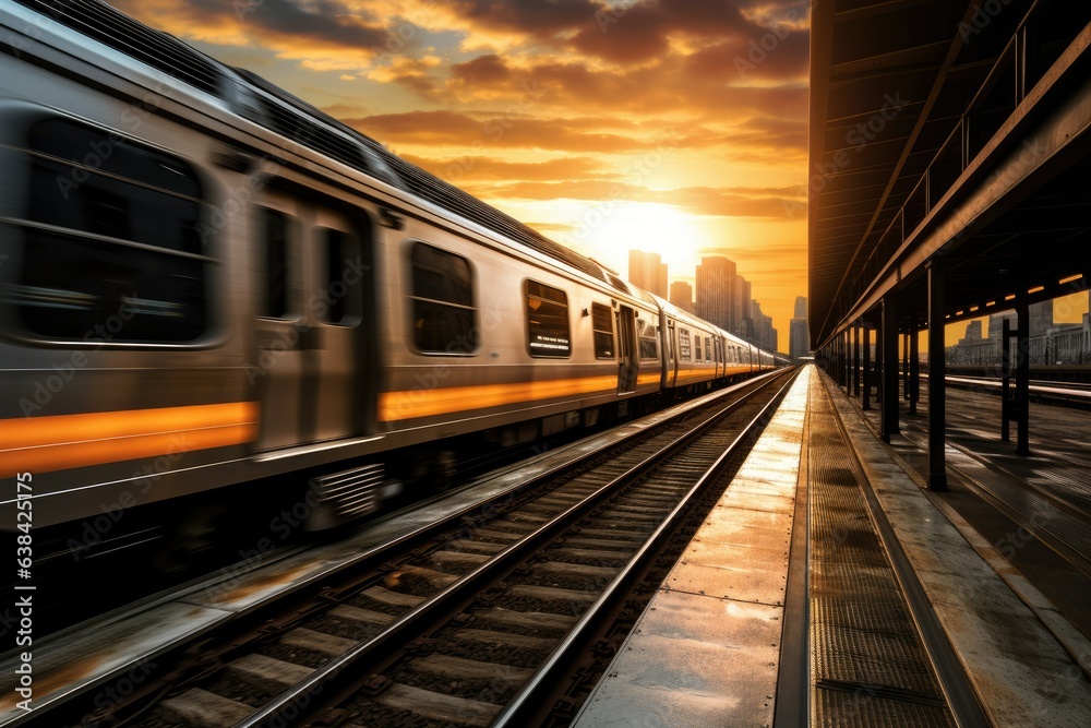 Fototapeta premium Digital illustration of moving train, concept of technology and urban mobility. Generative AI