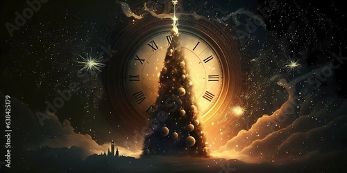 Antique clock counting down the new year with a christmas tree in front. Mysterious black background with clouds and stars.