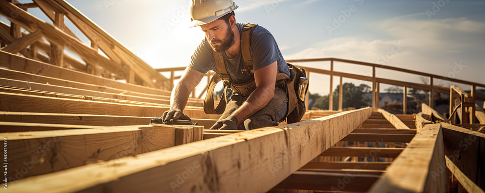 Roof worker or carpenter building a wood structure house construction. - obrazy, fototapety, plakaty 
