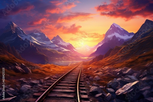 Landscape with railroad track, sunset and mountains. Generative AI