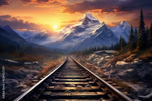 Landscape with railroad track, sunset and mountains. Generative AI © Deivison