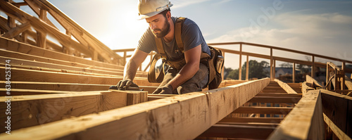 Roof worker or carpenter building a wood structure house construction.