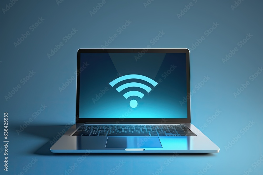 Laptop with wifi signal on screen, blue background, technology concept. Generative AI Laptop with wifi signal on screen, blue background, technology concept. Generative AI
