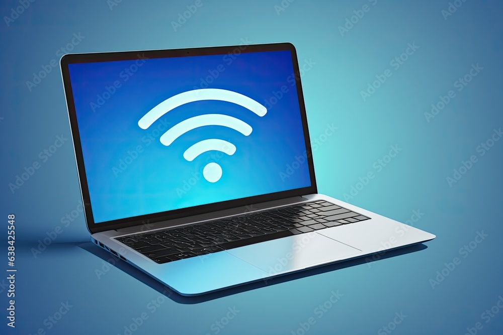 Laptop with wifi signal on screen, blue background, technology concept. Generative AI Laptop with wifi signal on screen, blue background, technology concept. Generative AI