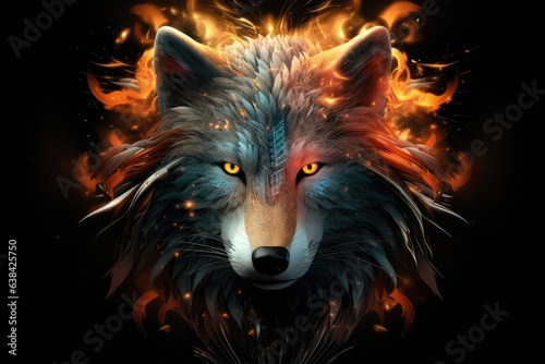 Fierce wolf face digital illustration, dark background Generative AI