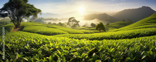 Green field of tea at sunny day,