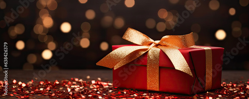 Detail on red gift or box in magical light. wide banner