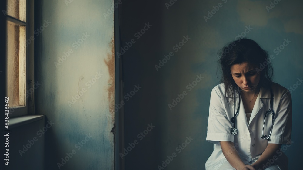 Tired and exhausted nurse or doctor in a hospital, Generative AI Tired and exhausted nurse or doctor in a hospital, Generative AI
