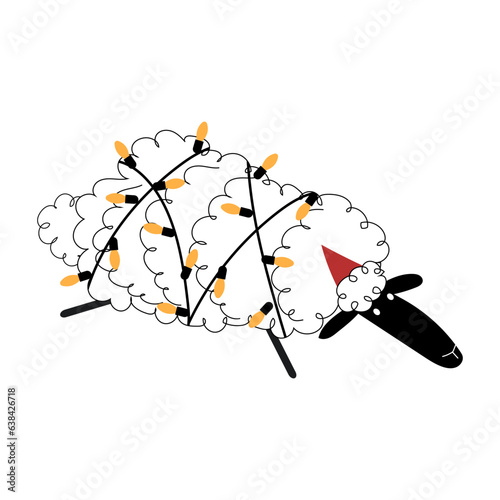 Cute doodle sheep wrapped in Christmas lights. Winter holidays celebration. Banner, poster, greeting card, sticker, clothong print template. Isolated on white.