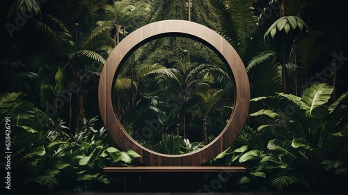 Generative AI, Empty circle wooden frame and tropical leaves on jungle background. For product display. 